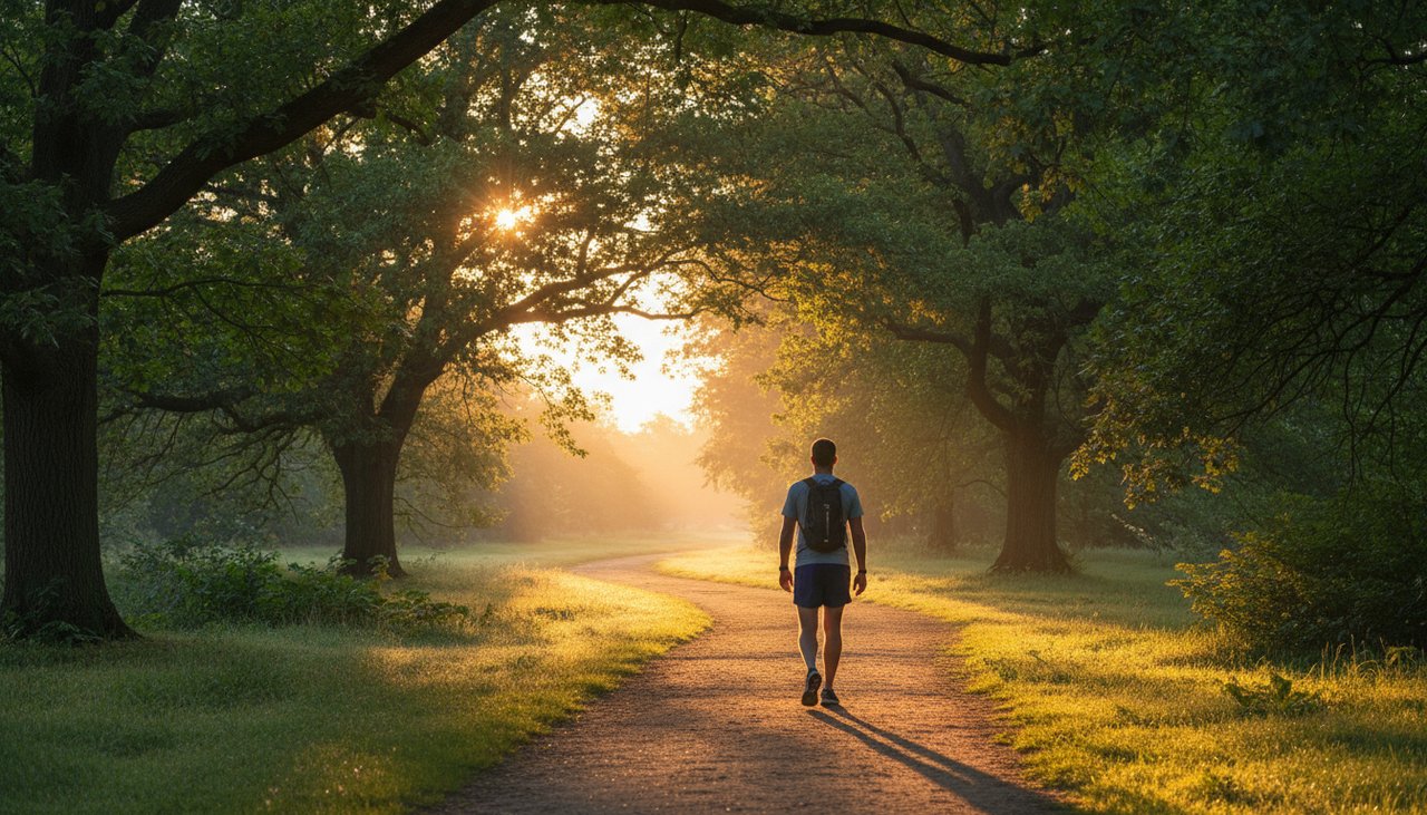 Personne marchant dans un parc au lever du soleil