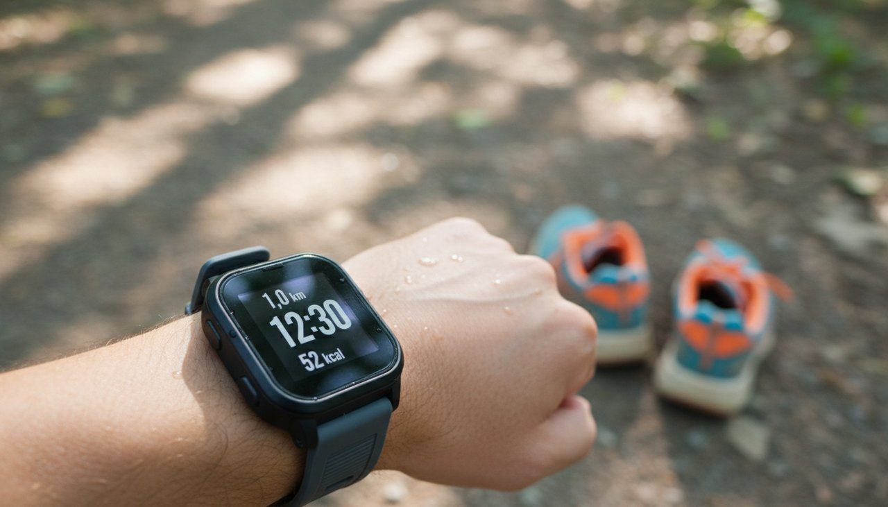 Smartwatch affichant 1.0 km / 12:30 / 52 kcal