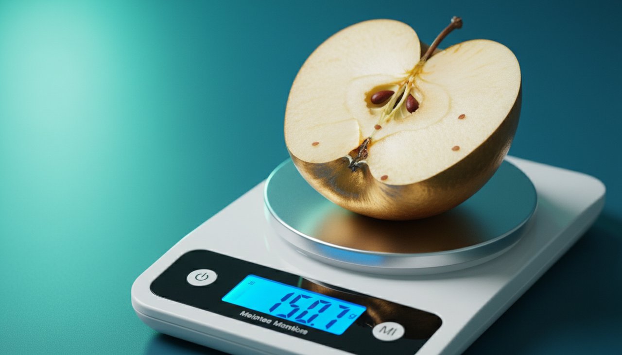 Pomme Golden sur balance de cuisine