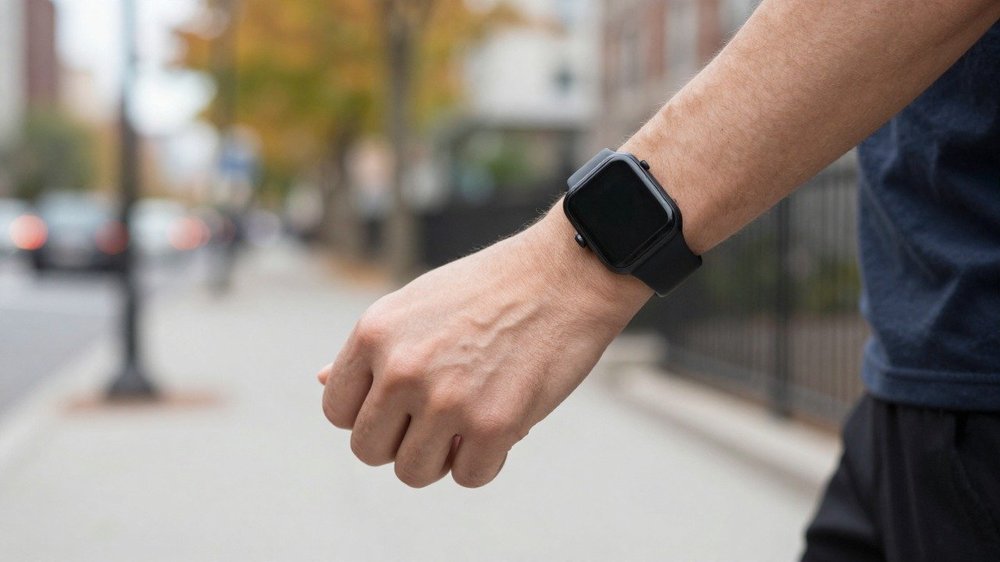 Montre connectée au poignet affichant la distance pendant une heure de marche