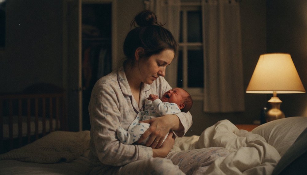 Mère fatiguée réconfortant son nouveau-né la nuit, une situation normale les premiers mois