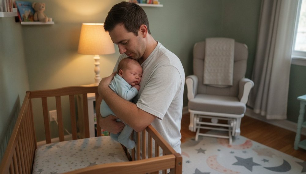 Père couchant son bébé somnolent dans son lit lors du rituel du soir