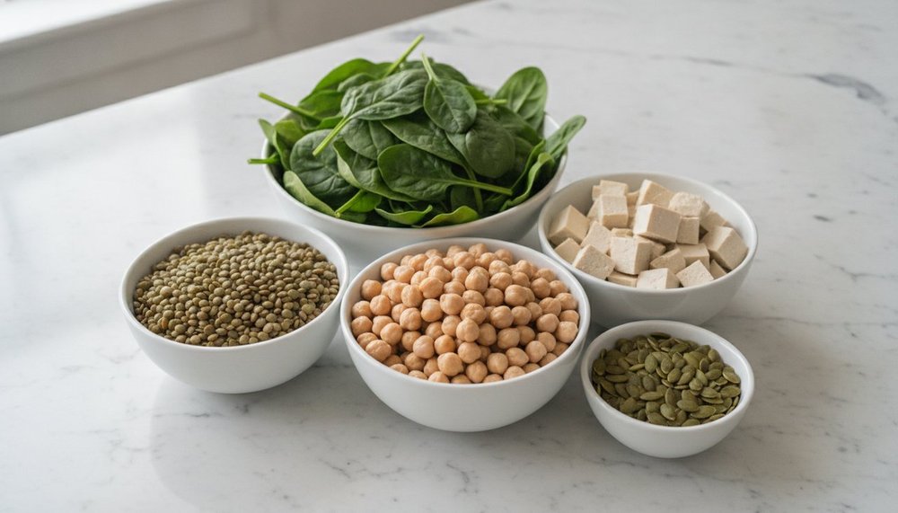 Lentilles, épinards, pois chiches, tofu et graines de courge, sources végétales de fer