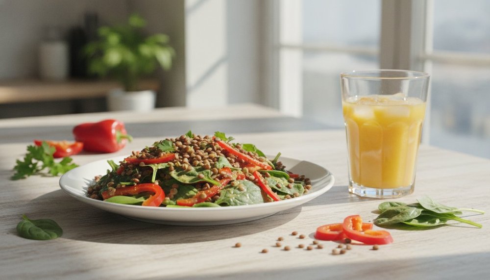 Salade de lentilles et épinards avec un verre de jus d'orange pour l'absorption du fer