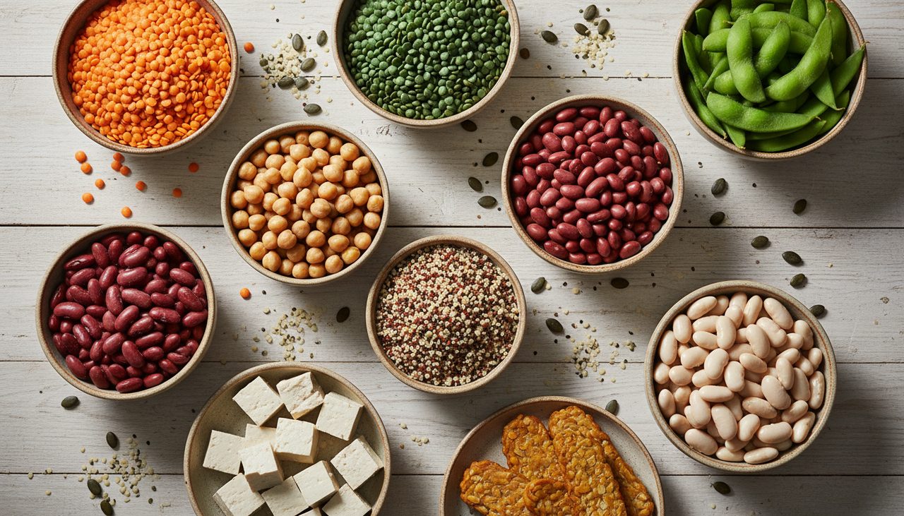 Aliments végétaux riches en protéines : lentilles rouges et vertes, pois chiches, haricots, edamame, tempeh, tofu, graines de chanvre et quinoa