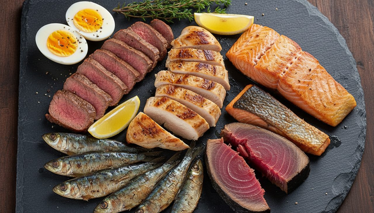 Sélection d'aliments riches en protéines animales : poulet grillé, saumon, thon, bavette de bœuf, sardines et œufs durs