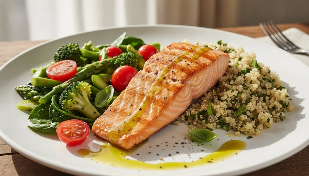 Assiette méditerranéenne anti-inflammatoire avec saumon, légumes verts, huile d'olive et noix