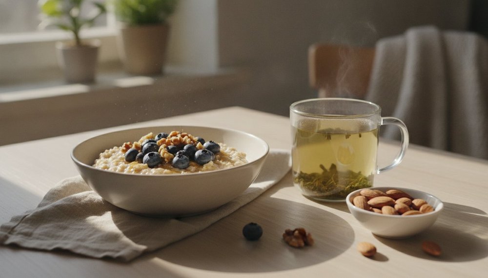 Petit-déjeuner anti-inflammatoire avec flocons d'avoine, myrtilles, noix et thé vert