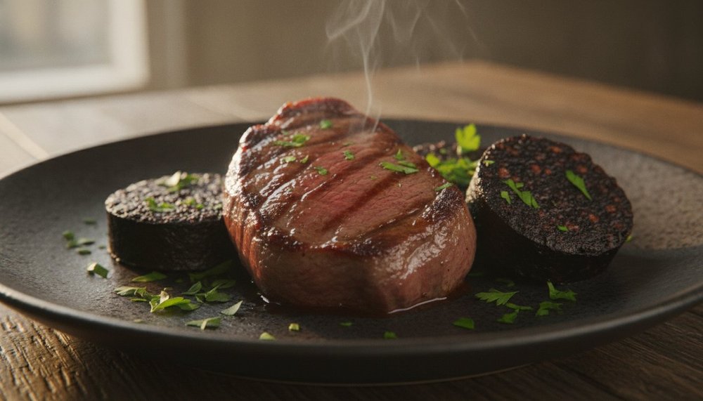 Assiette de viande rouge et boudin noir, aliments riches en fer héminique