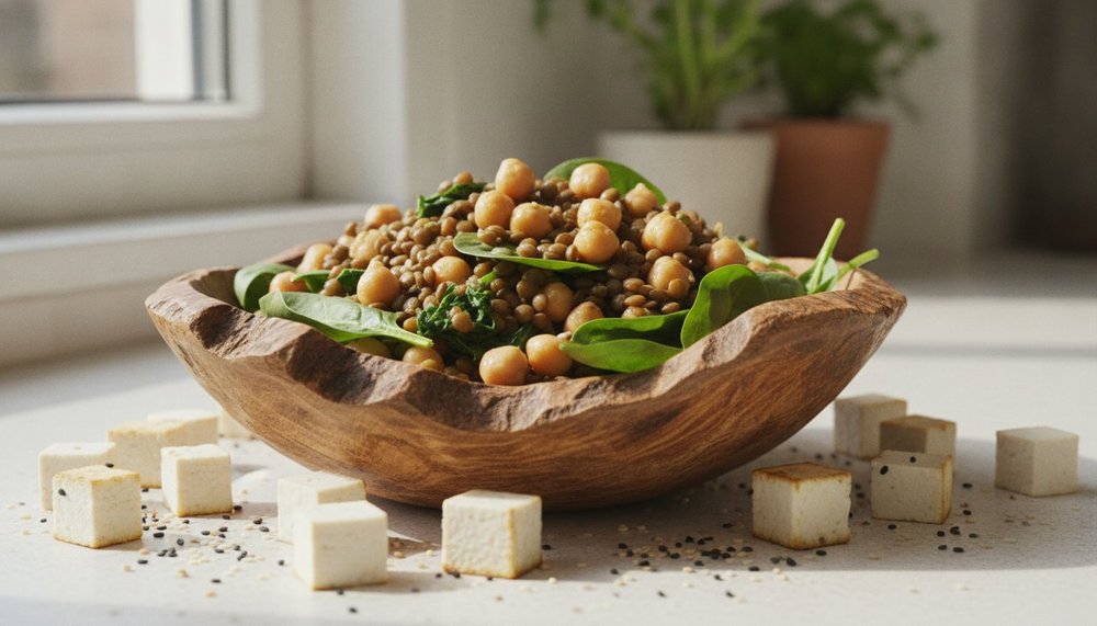 Bol de lentilles, pois chiches, épinards et tofu, sources végétales de fer