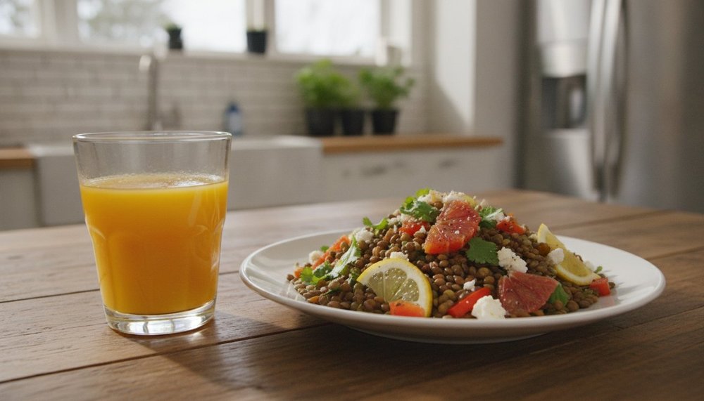 Jus d'orange et salade de lentilles au poivron, association fer et vitamine C