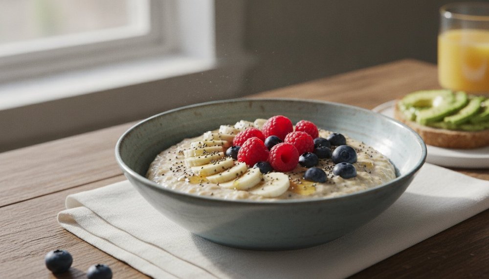 Bol de flocons d'avoine aux fruits rouges et graines de chia, petit-déjeuner riche en fibres