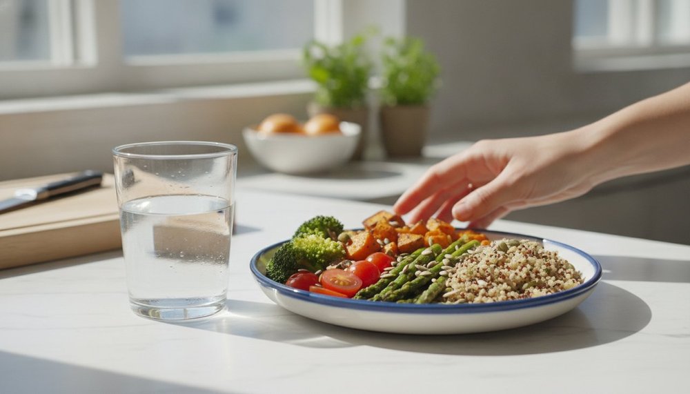 Verre d'eau à côté d'une assiette de légumes et céréales complètes