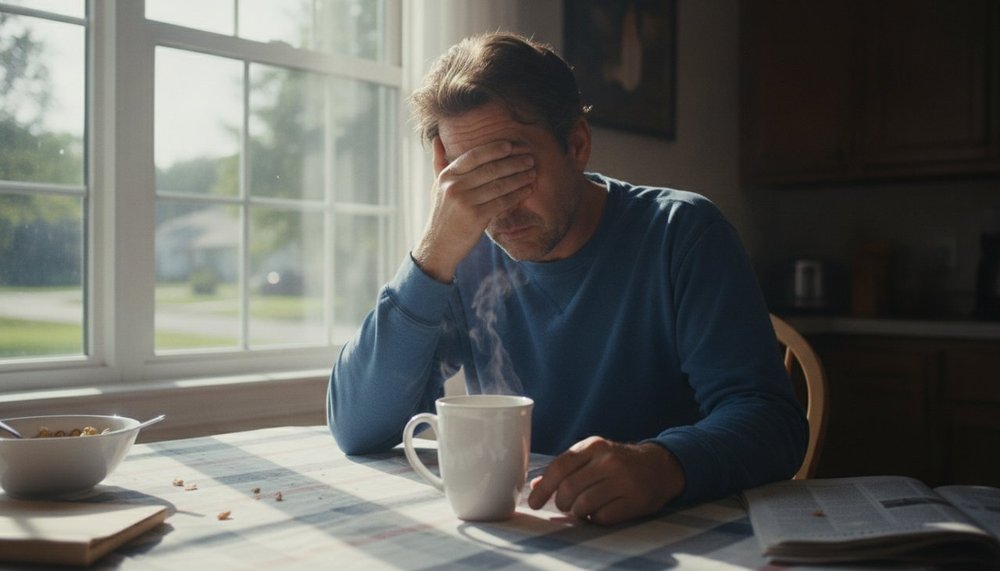 Homme fatigué au réveil, symptôme de somnolence diurne liée à l'apnée du sommeil