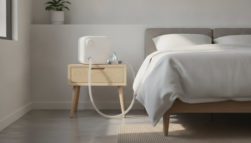 Appareil de pression positive continue (PPC / CPAP) posé sur une table de chevet