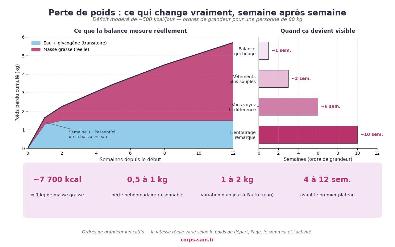 Infographie : au bout de combien de temps on commence à perdre du poids, décomposition eau et masse grasse semaine par semaine