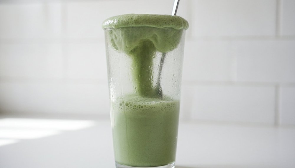 Verre de boisson verte AG1 prepare le matin a cote du sachet de poudre