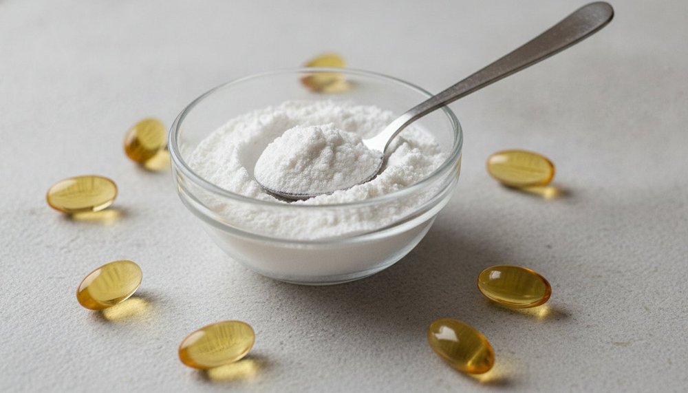 Créatine monohydrate en poudre et capsules d'oméga-3 Bulk
