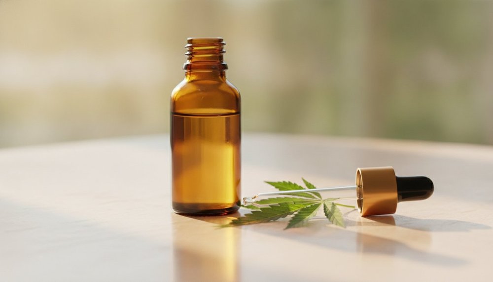 Flacon d'huile de CBD posé sur une table avec une pipette, ambiance bien-être