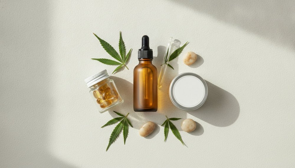 Différents formats de produits au CBD : huile, gélules et baume cosmétique