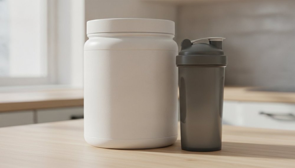 Pot de whey premium Foodspring et shaker sur un plan de travail clair