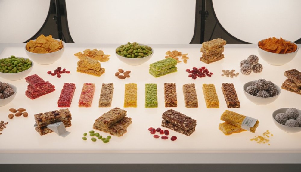 Barres protéinées et snacks de nutrition sportive disposés sur une table claire