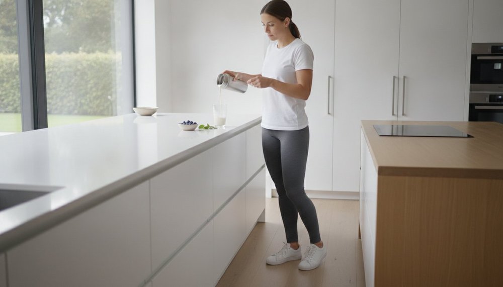 Personne préparant un shaker de protéine premium dans une cuisine lumineuse