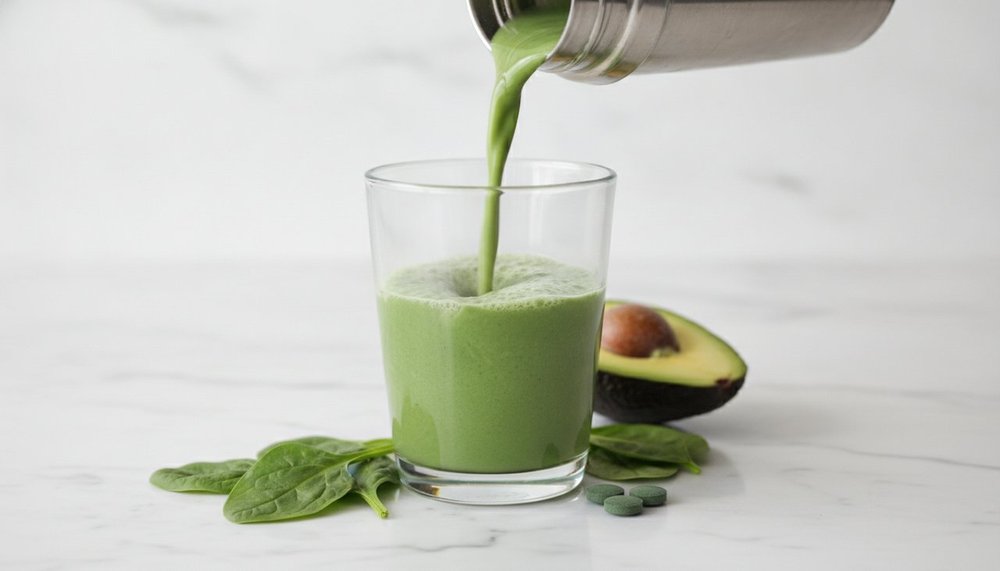 Shake substitut de repas Herbalife préparé dans un verre sur un plan de travail