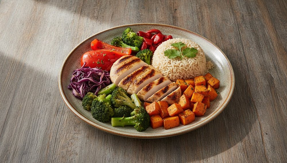 Assiette équilibrée avec légumes et protéines, alternative saine aux substituts de repas