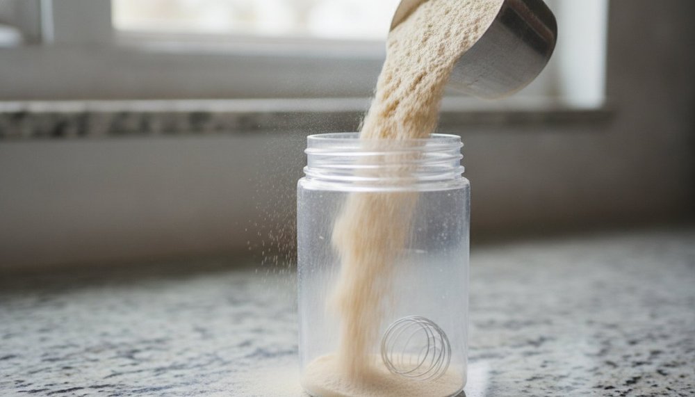 Dose de whey MyProtein versée dans un shaker pour la nutrition sportive