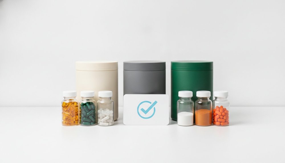Pots de compléments alimentaires de nutrition sportive avec étiquette de certification