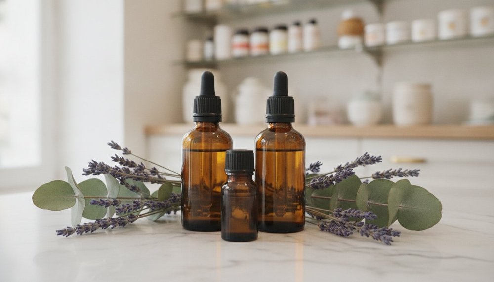 huiles essentielles bio Naturactive avec plantes et flacons en pharmacie