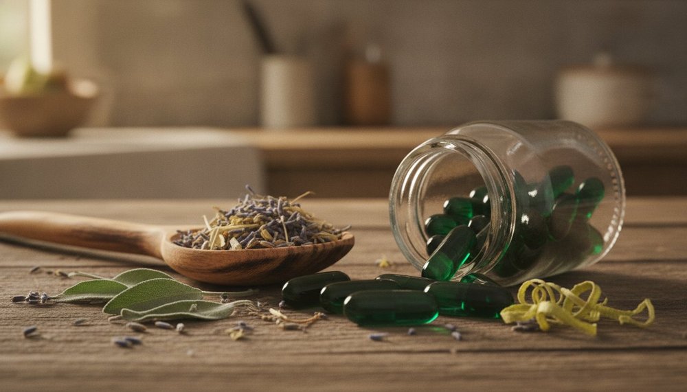 gélules de phytothérapie et plantes médicinales sur une table en bois