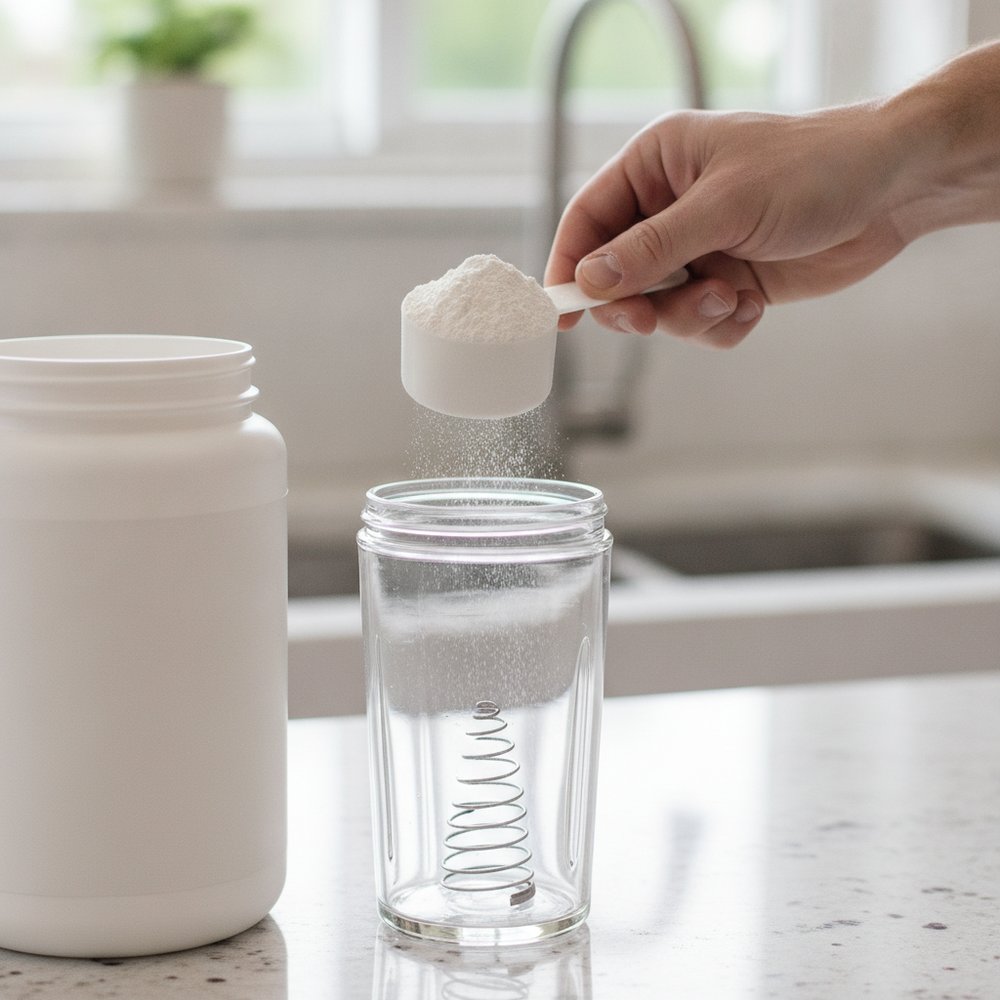 Mesure d'une dose de whey protéine Nu3 avec un doseur