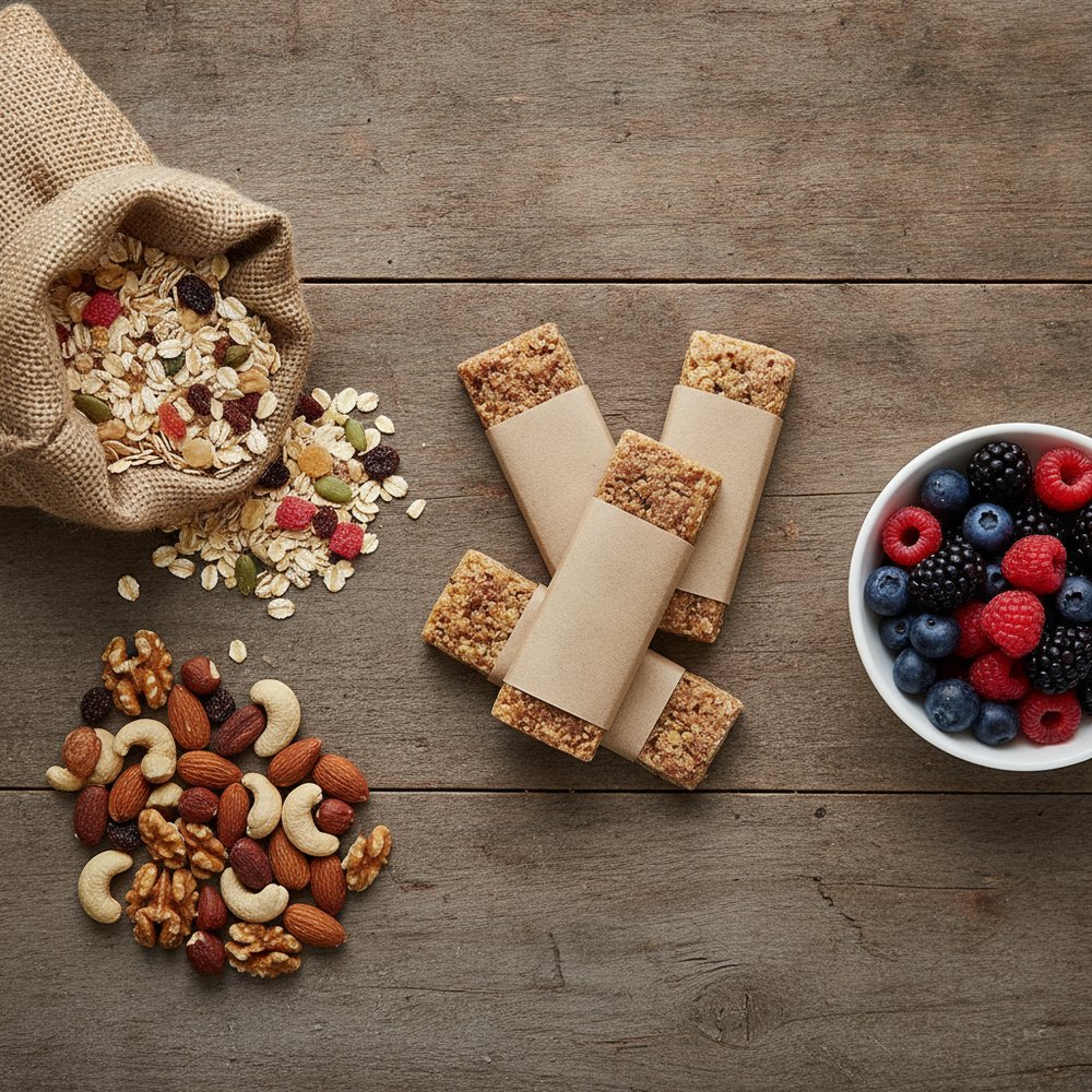 Assortiment de produits diététiques Nu3 : barres, muesli et fruits secs