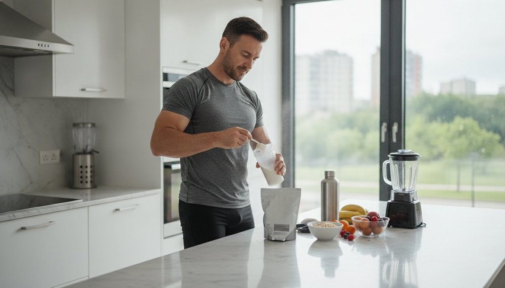 Sportif préparant un shaker de whey native après l'entraînement