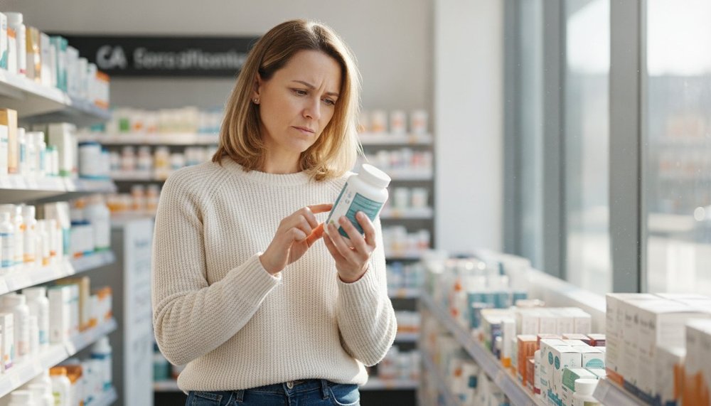 Personne lisant attentivement l'étiquette d'un complément alimentaire en pharmacie