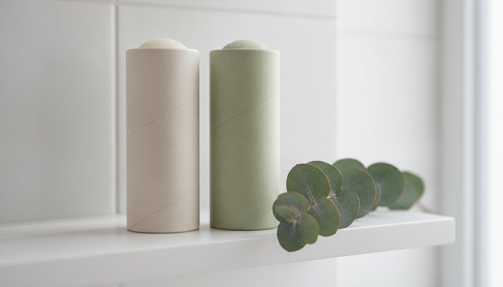 Déodorants naturels en stick sur une étagère de salle de bain épurée