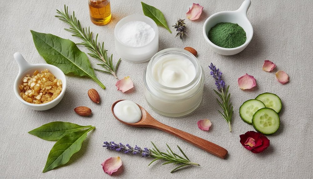 Cosmétiques naturels et ingrédients végétaux sur fond clair