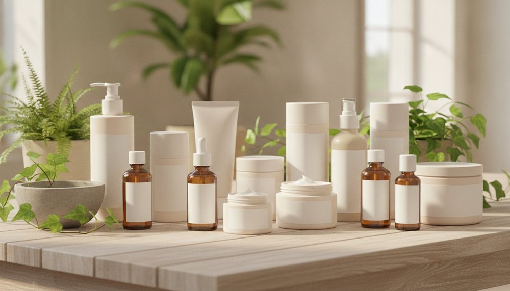 Routine de cosmétiques naturels français disposés sur une table en bois clair