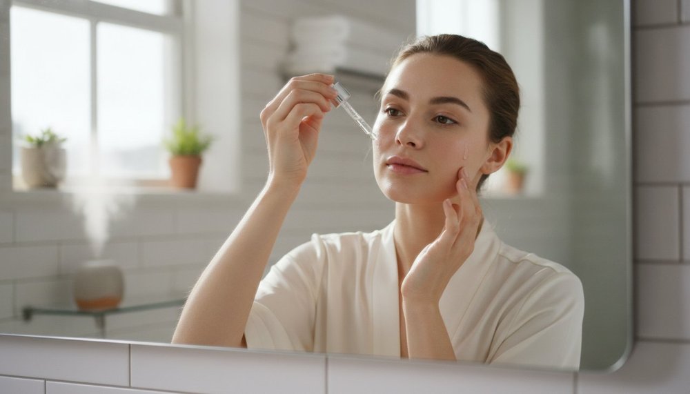 Femme appliquant un sérum sur son visage devant un miroir, routine soin minimaliste