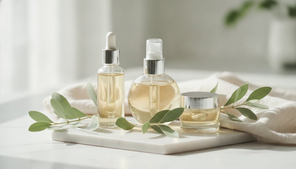 Flacons de sérums cosmétiques français sur fond clair et végétal