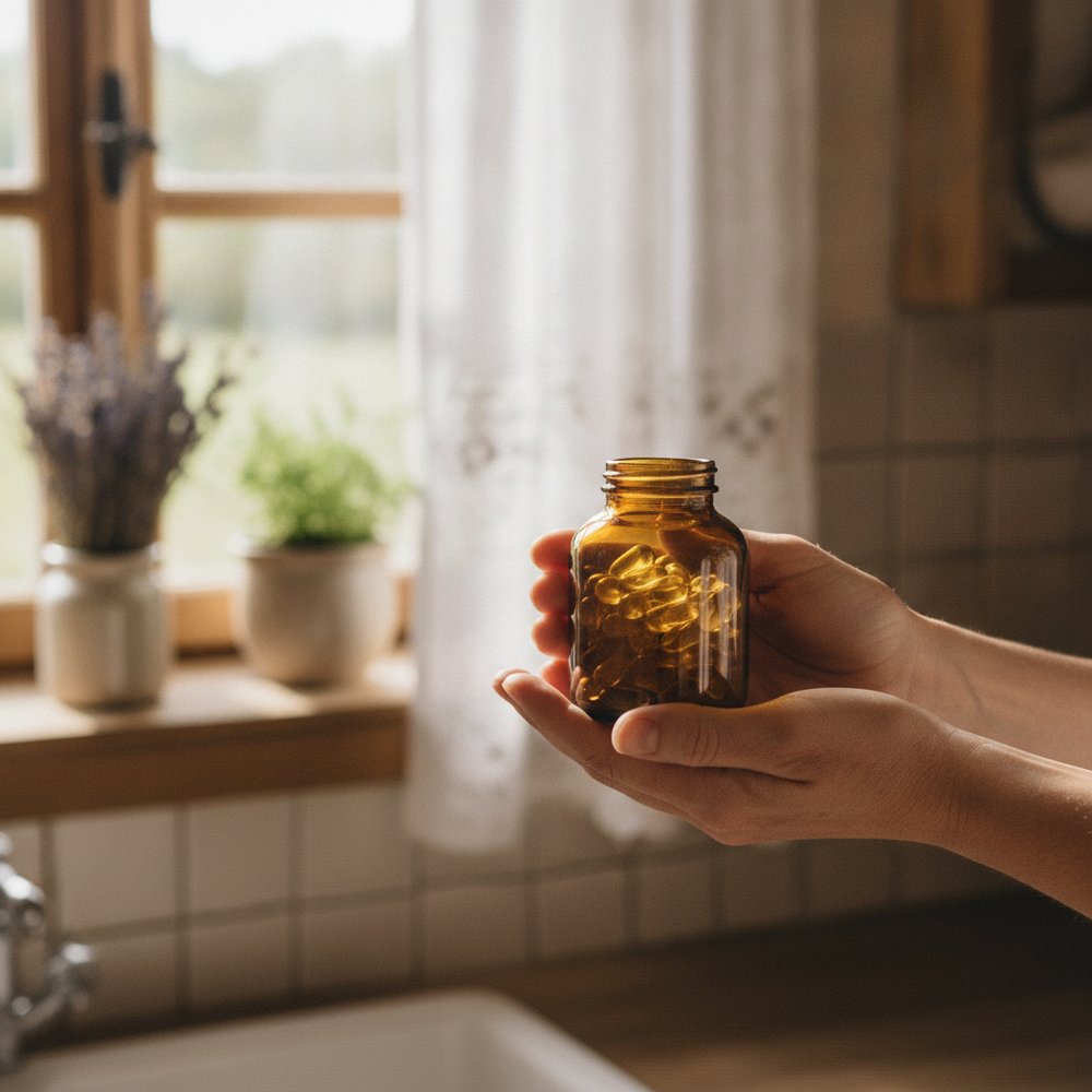 Bouteille en verre ambré de compléments alimentaires UNAE tenue en main