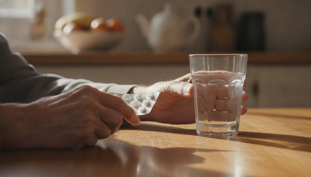 Patient prenant son anticoagulant avec un verre d'eau
