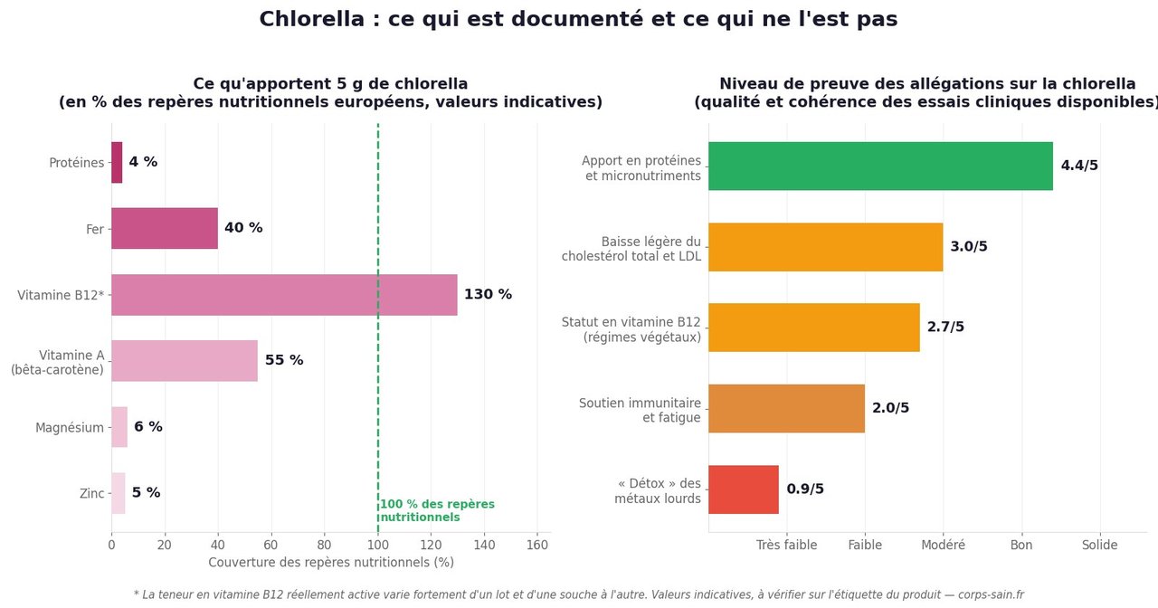Infographie : composition nutritionnelle de la chlorella et niveau de preuve de ses allégations santé