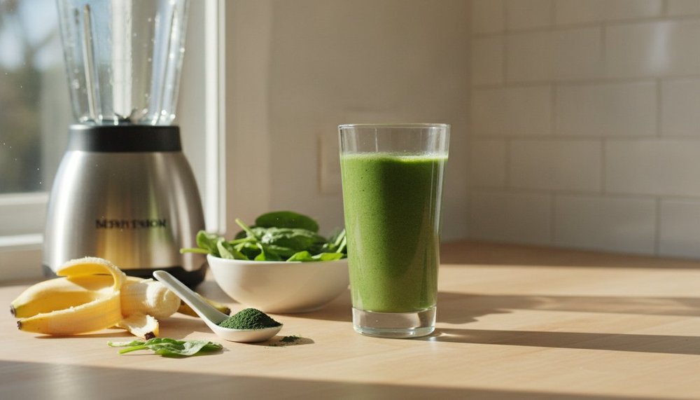 Smoothie vert préparé avec de la poudre de chlorella, banane et épinards
