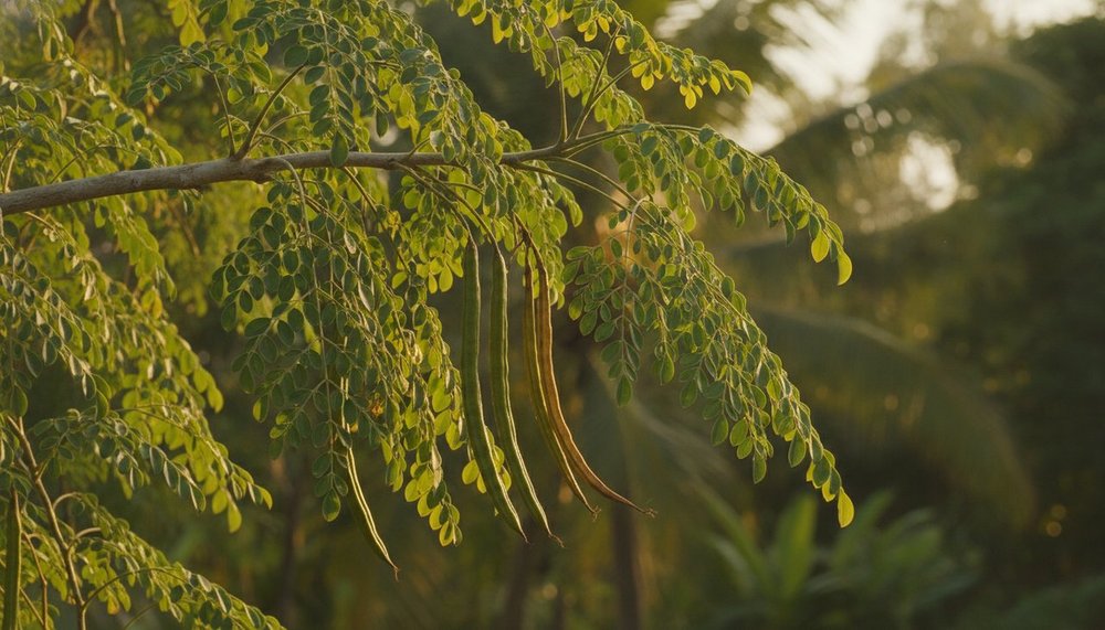 Branche de moringa oleifera avec ses feuilles pennées et ses longues gousses