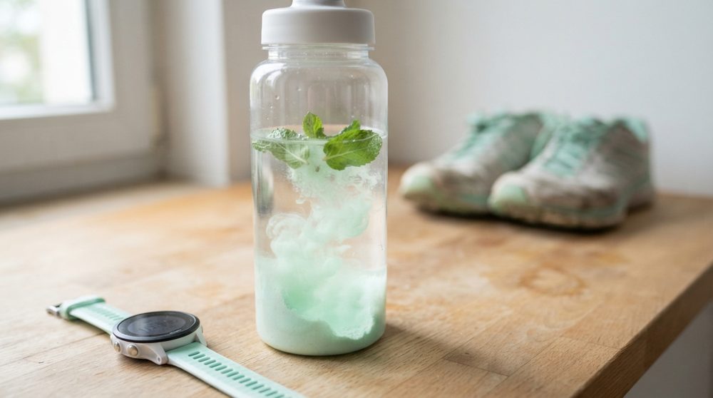 Gourde de sport avec une boisson isotonique saveur menthe en préparation