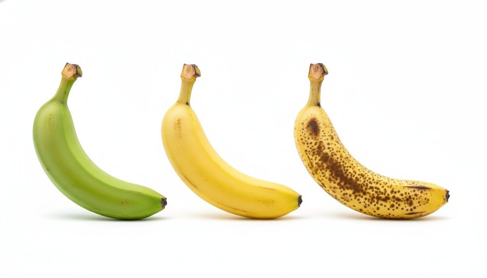 Bananes à différents stades de maturité, verte, jaune et tachetée
