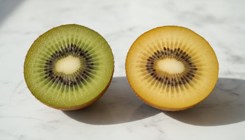 Kiwi vert et kiwi gold coupés en deux côte à côte
